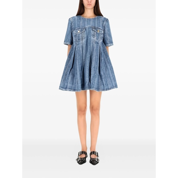 striped denim pleated mini dress