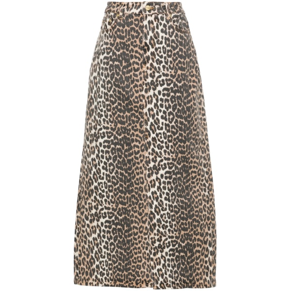 high-waisted leopard-print denim midi skirt