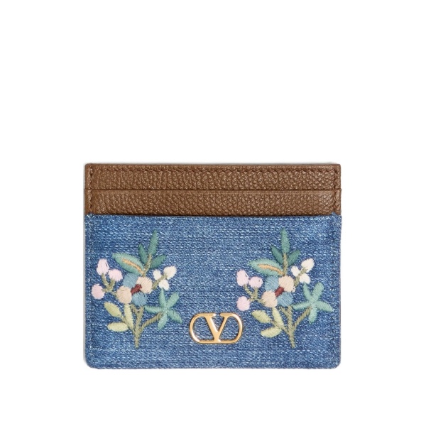 VLogo Signature card holder in denim with floral embroidery