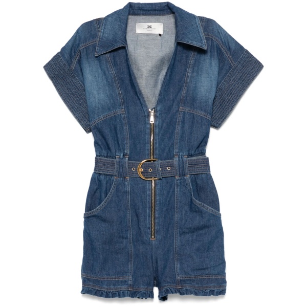 belted denim romper