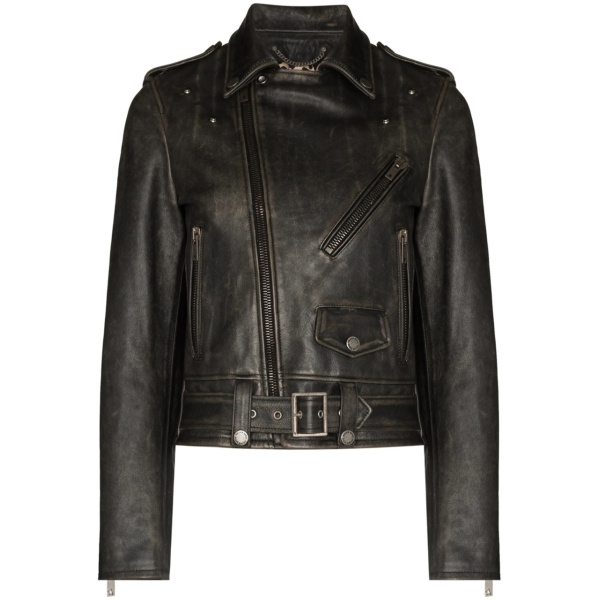 distressed-effect leather biker jacket