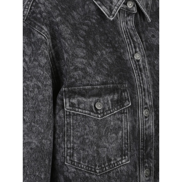 flower-print denim shirt