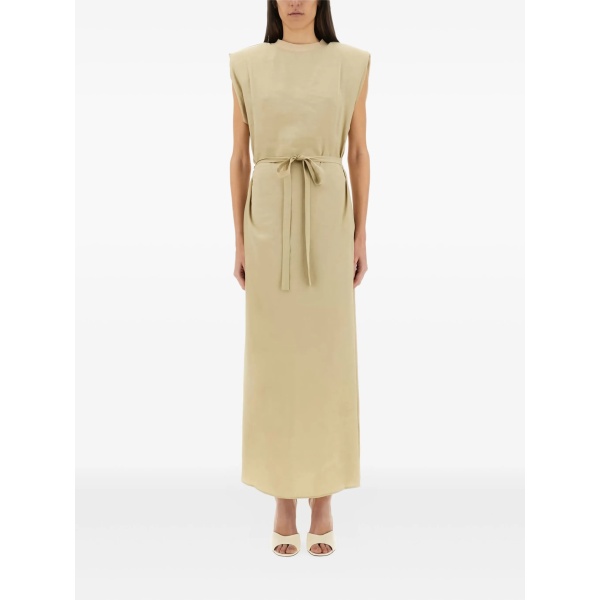 padded-shoulder belted maxi dress