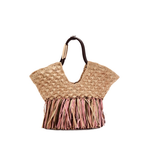 small Goldentime fringed raffia tote bag