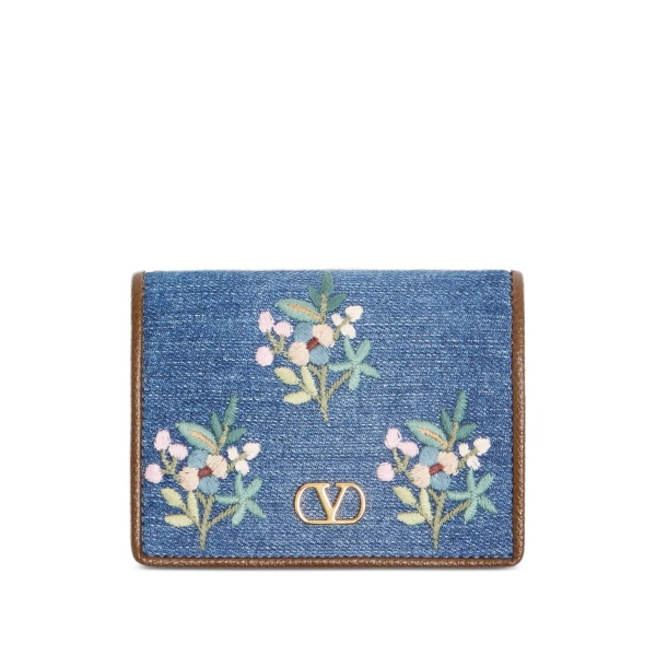 VLogo Signature wallet in denim with floral embroidery