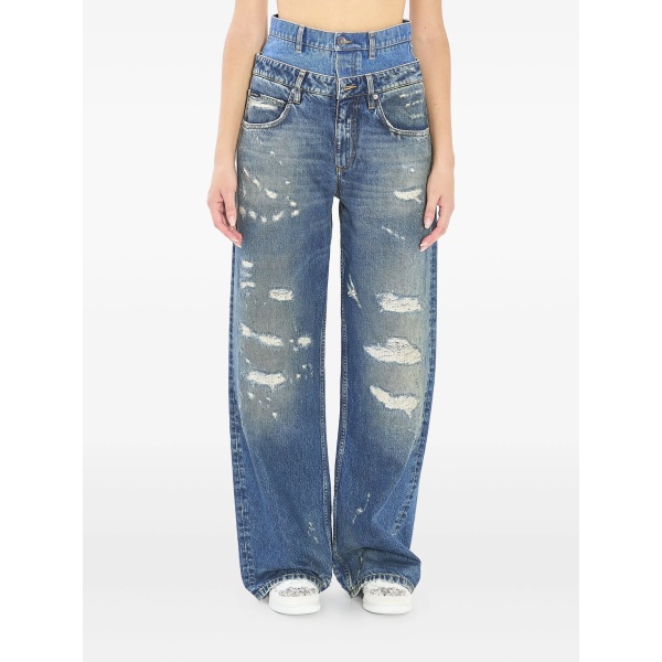 double-waist distressed jeans
