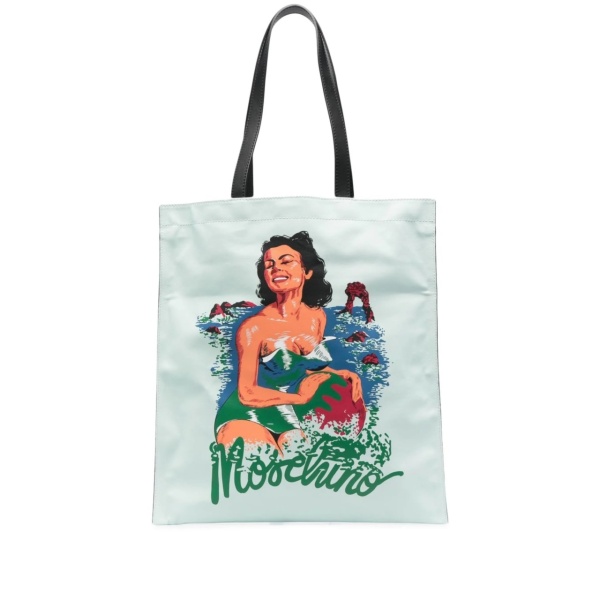 illustration-print leather tote