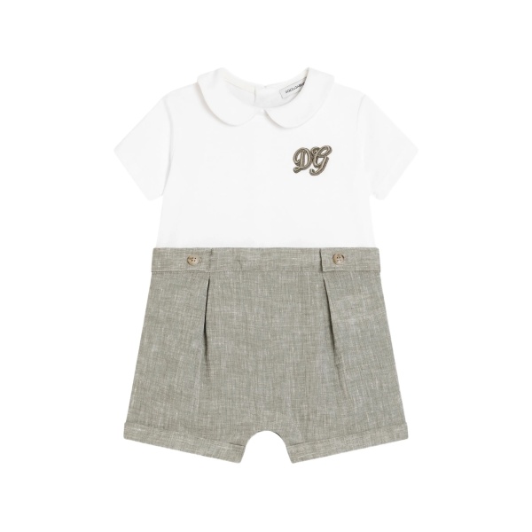interlock and linen romper with DG embroidery