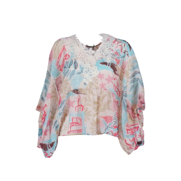 lace-trim floral-print blouse