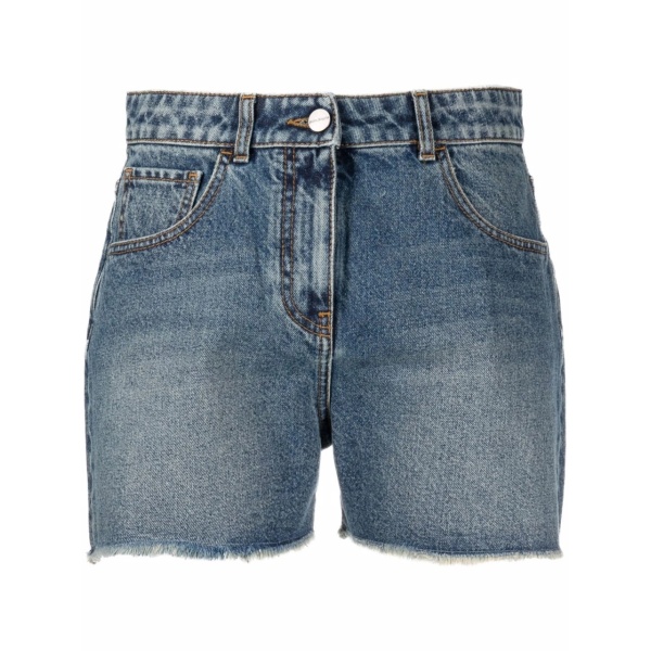 palm tree-embroidered frayed denim shorts