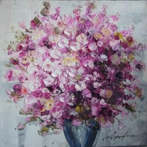 Tablou pictat manual Geranium roz, 60x60cm