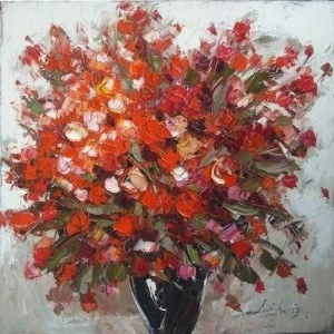 Tablou pictat manual Geranium rosu, 60x60cm - Img 1
