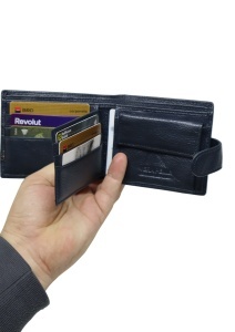 Portofel din piele pentru bărbați, RFID, compartimente pentru carduri, cutie cadou, Q3185, bleumarin - Img 4