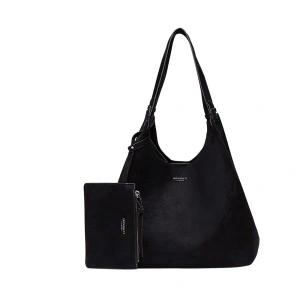 Geanta de umar si mana dama mare incapatoare tip hobo sac din piele intoarsa ecologica cu portofel plic inclus, 41x36x14 cm, negru