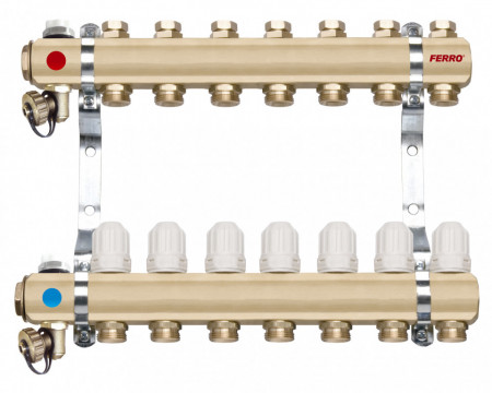 RZ07S - Distribuitor/colector 1" din alama 7 circuite 3/4", robineti termostatati