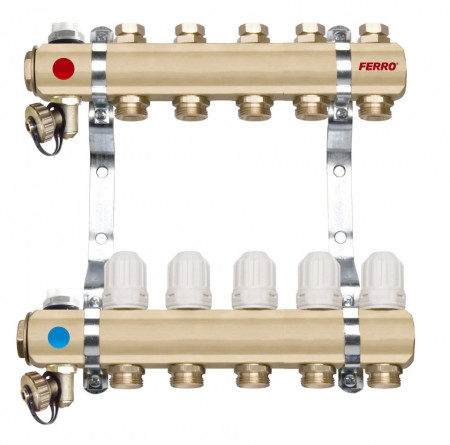 RZ05S - Distribuitor/colector 1" din alama 5 circuite 3/4", robineti termostatati