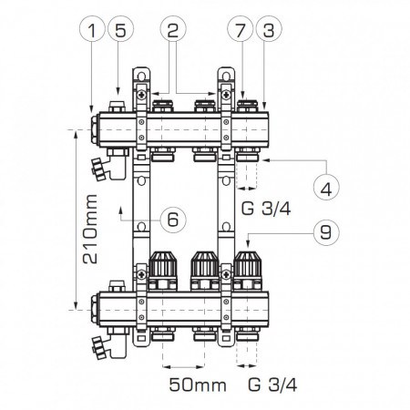 RZ02S - Distribuitor/colector 1" din alama 2 circuite 3/4", robineti termostatati