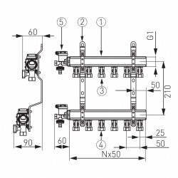 N-RO09S - Distribuitor/colector 1" din alama 9 circuite robineti 16x1/2" pt. teava multistrat - Img 2