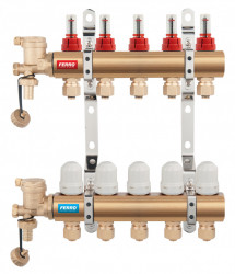 N-RZP08S - Distribuitor/colector 1" din alama 8 circuite debitmetre, robineti termostatati si racorduri teava multistrat 16x1/2"