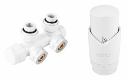 ZTD30WH - Set robinet dublu coltar pt. radiator tip-V alim. din perete, reversibil (stanga sau dreapta) si cap termostatat GT30, alb - Img 1