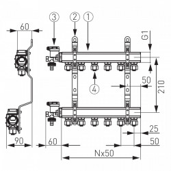 N-RNZ03 - Distribuitor/colector 1" din alama 3 circuite racorduri teava multistrat 16x1/2" - Img 2