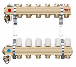 RZ06S - Distribuitor/colector 1" din alama 6 circuite 3/4", robineti termostatati - Img 1