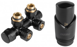 ZTD30BL - Set robinet dublu coltar pt. radiator tip-V alim. din perete, reversibil (stanga sau dreapta) si cap termostatat GT33, negru - Img 1