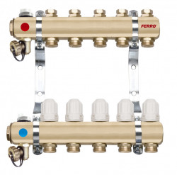 RZ05S - Distribuitor/colector 1" din alama 5 circuite 3/4", robineti termostatati - Img 1