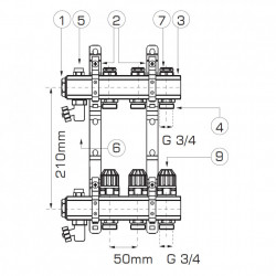 RZ02S - Distribuitor/colector 1" din alama 2 circuite 3/4", robineti termostatati