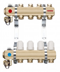 RZ04S - Distribuitor/colector 1" din alama 4 circuite 3/4", robineti termostatati - Img 1