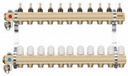 RZP11S - Distribuitor/colector 1" din alama 11 circuite 3/4" debitmetre, robineti termostatati - Img 1