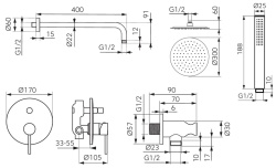 Sistem dus 6 in 1 Flusso, baterie incastrata 2 iesiri, cap dus fix, brat, para, furtun si racord pentru baterie incastrata, auriu lucios - Img 2