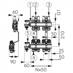 N-RZP05S - Distribuitor/colector 1" din alama 5 circuite debitmetre, robineti termostatati si racorduri teava multistrat 16x1/2" - Img 2