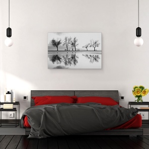 Tablou canvas - Alb-Negru, Parc, Banca, Pomi, Grafic, Silueta, 60 x 90 cm - Img 3