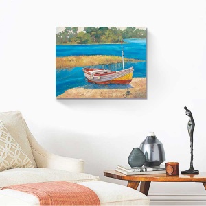 Tablou canvas cu barcă de pescuit pe râu liniștit vara 60x80 cm
