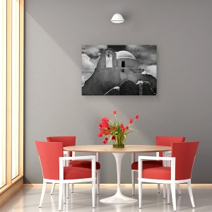 Tablou canvas - Biserica Mykonos, Clopotel, Biserica, Grecia, Alb-Negru, 40 x 60 cm - Img 4