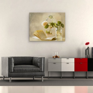 Tablou canvas - Bucuria Unei Zile Ploioase, Floare, Natura Moarta, Carte, Vaza, Flora, 60 x 75 cm - Img 2