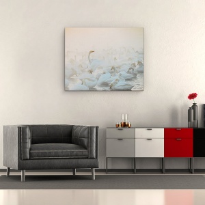 Tablou canvas - Cantecul Diminetii, Lebede, Ceata, Soare, Pasari, 60 x 75 cm - Img 2