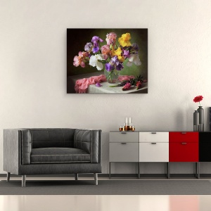 Tablou canvas - Cu Un Buchet De Irisi Si Lupini, Natura Moarta, Pastel, Vaza, 60 x 75 cm - Img 2