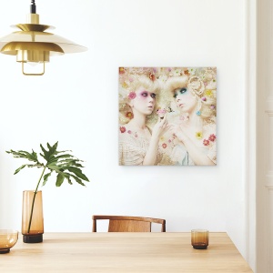 Tablou canvas - Fata Din Gradina Cu Flori, Trandafir, Blonda, Fluture, Primavara, 90 x 90 cm - Img 4