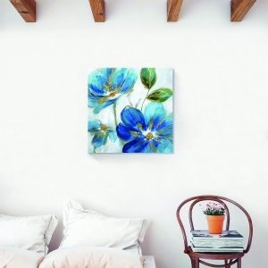 Tablou decorativ floral canvas cu flori violete pe fundal albastru