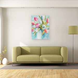 Tablou canvas - Flori, Lalele, Colorate, Vaza, Pictura, 50 x 70 cm - Img 2