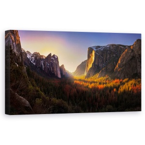 Tablou canvas - Foc De Lumina Peste Yosemite, Munti, Vale, Cascada, Apus De Soare, 50 x 100 cm