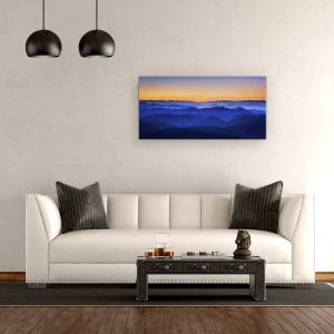 Tablou Canvas - Muntii Misty, Peisaj, Albastru, Seara, Apus De Soare, Ceata, Strat, 50 x 100 cm - Img 3