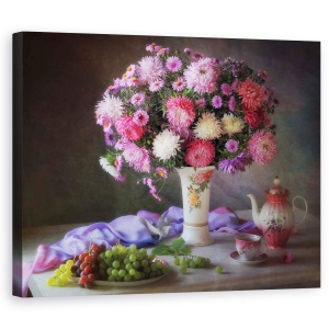 Tablou Canvas - Natura Moarta Cu Buchet De Toamna Si Fructe, 60 x 75 cm