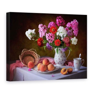Tablou Canvas - Natura Moarta Cu Buchet De Vara si Piersici, 75 x 100 cm