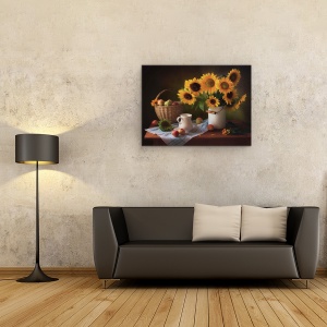 Tablou Canvas - Natura Moarta Cu Floarea Soarelui, Galben, Cos, Rustic, 50 x 70 cm - Img 2
