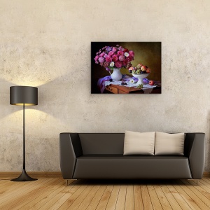 Tablou Canvas - Natura Moarta Cu Un Buchet De Asteri si Fructe, Bol De Fructe, Mar, 75 x 100 cm - Img 2