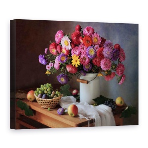 Tablou Canvas - Natura Moarta Cu Un Buchet De Asteri si Struguri, 75 x 100 cm