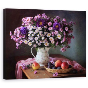 Tablou Canvas - Natura Moarta Cu Un Buchet De Crizanteme Si Fructe, Struguri, 40 x 50 cm